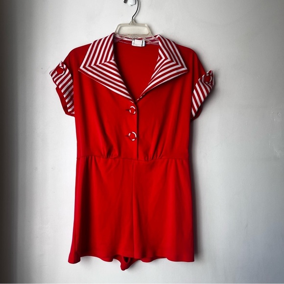 paper moon Pants - Vintage Paper Moon Red White Nautical Short Sleeve Romper S